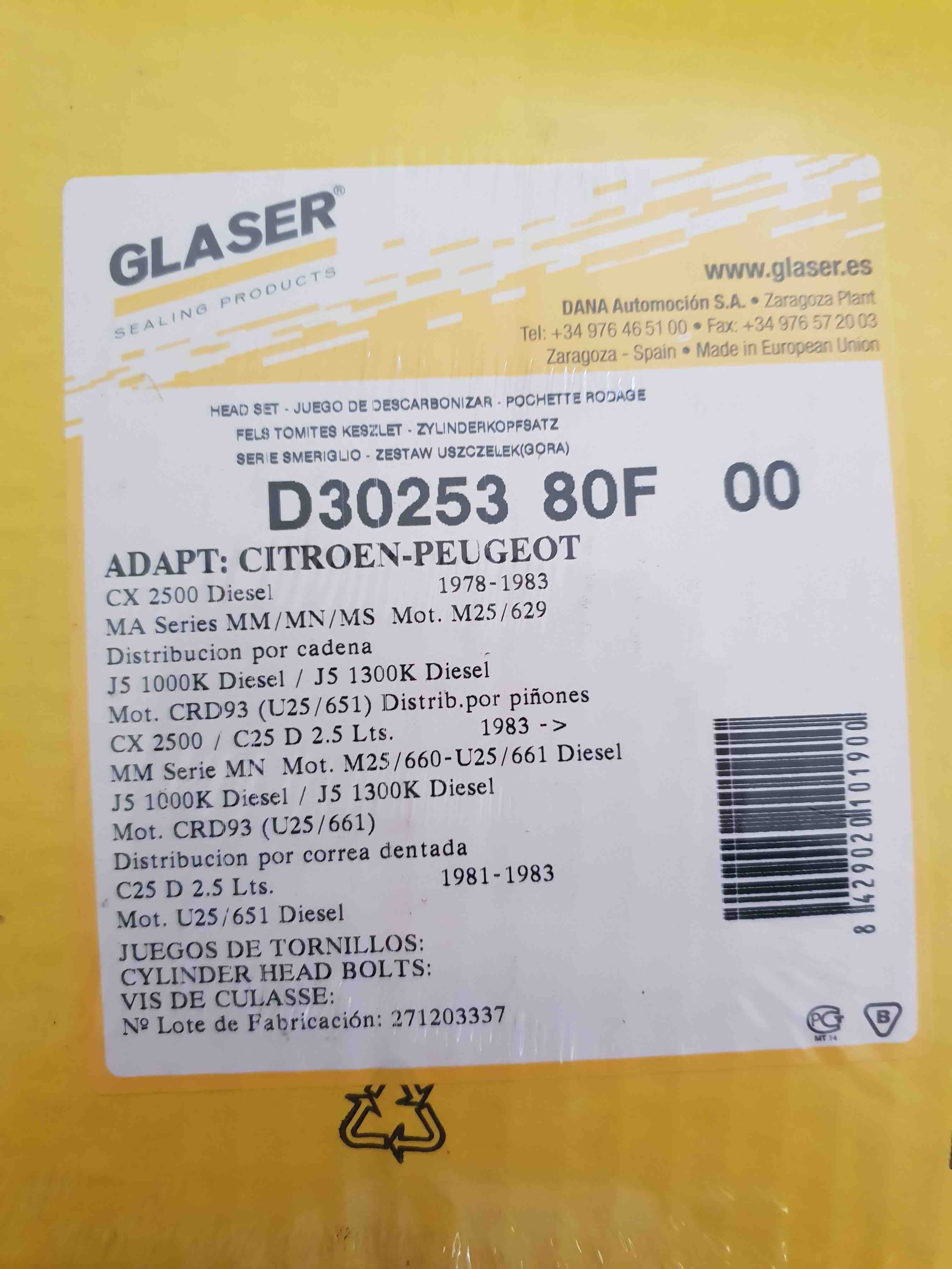 CITROEN FIAT PEUGEOT D30253 POCHETTE RODAGE GLASER JOINTS