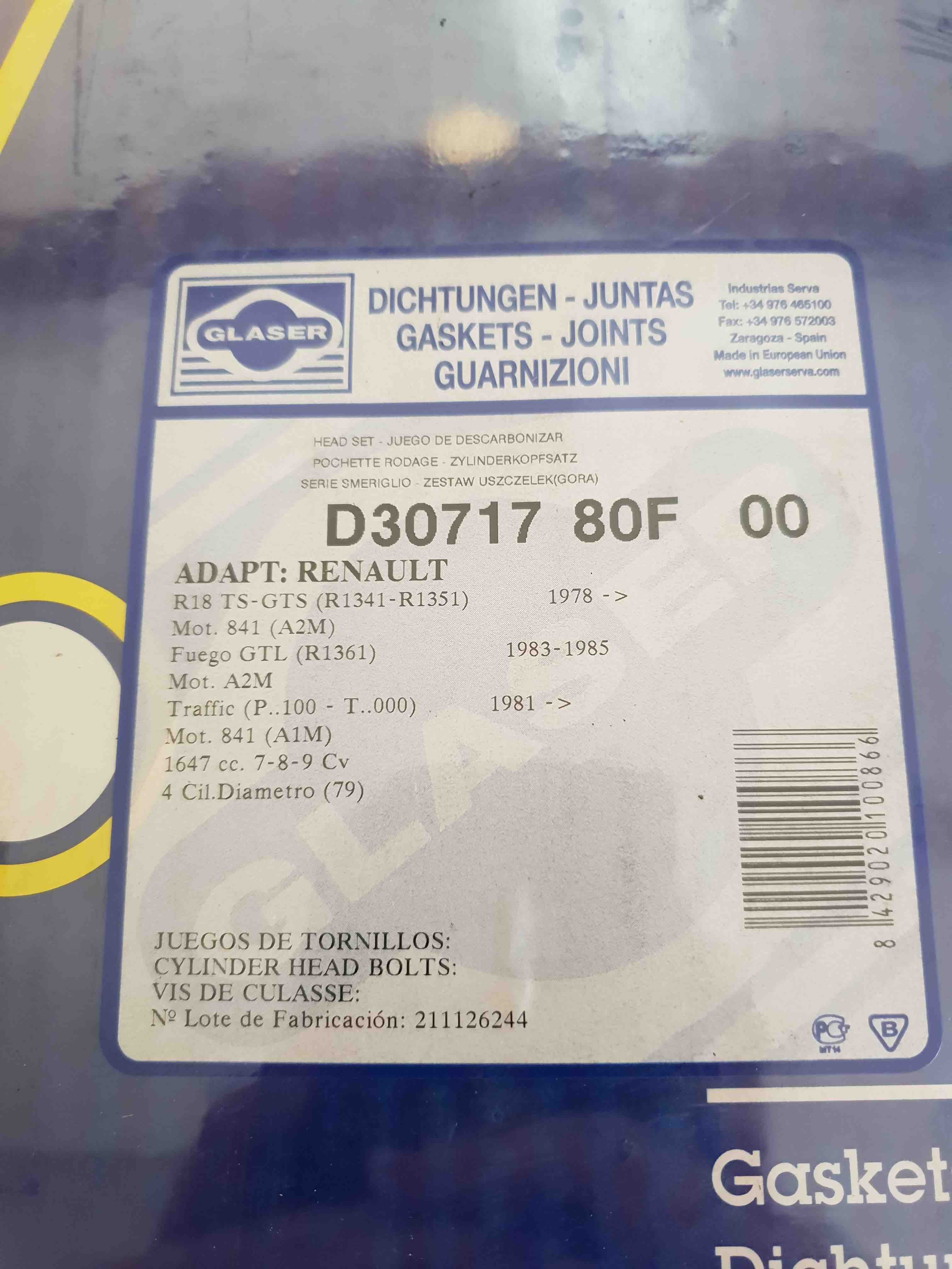 RENAULT POCHETTE DE RODAGE D30717 GLASER JOINTS